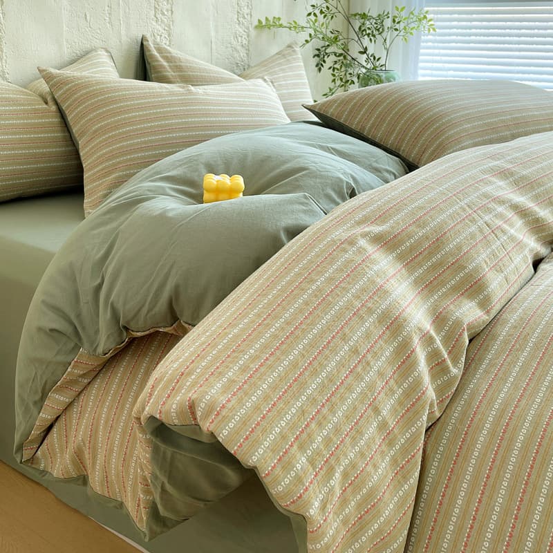 Pure Cotton Yarn-Dyed Washed Cotton Stripe Duvet Cover Set, Student Dormitory Bedding Set, All-Season