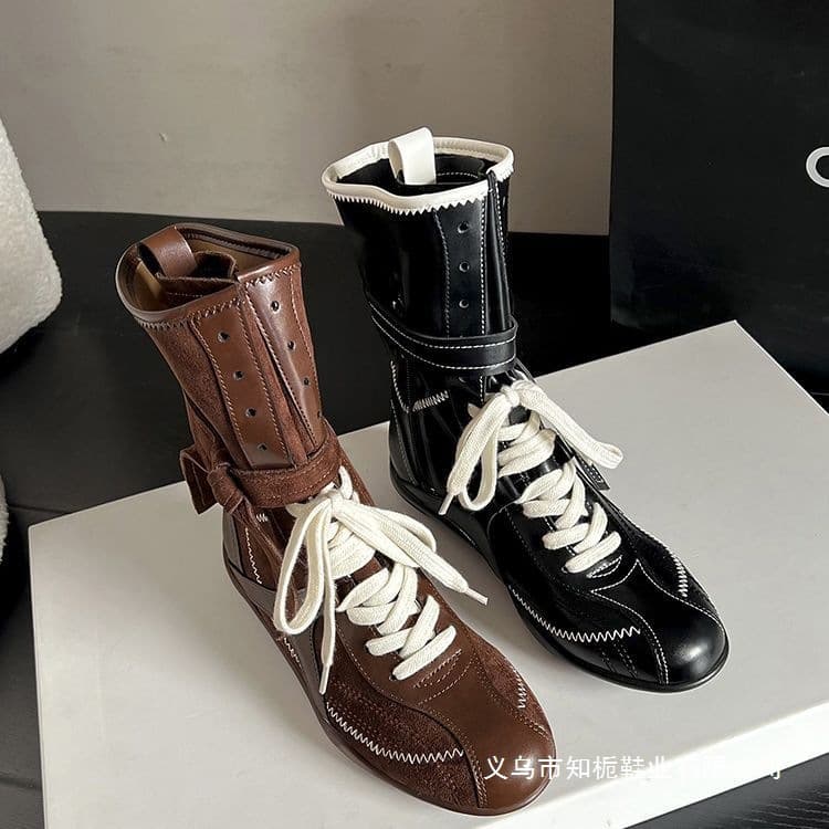 Niche Design Lace-Up Boxing Boots Outdoor Workwear Martin Boots Platform Duck Boots Women's Ins Versatile Color-Block