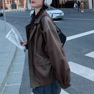Vintage Brown Leather Jacket for Women, Short 2025 Autumn/Winter Petite Korean Loose Faux Leather Moto Jacket