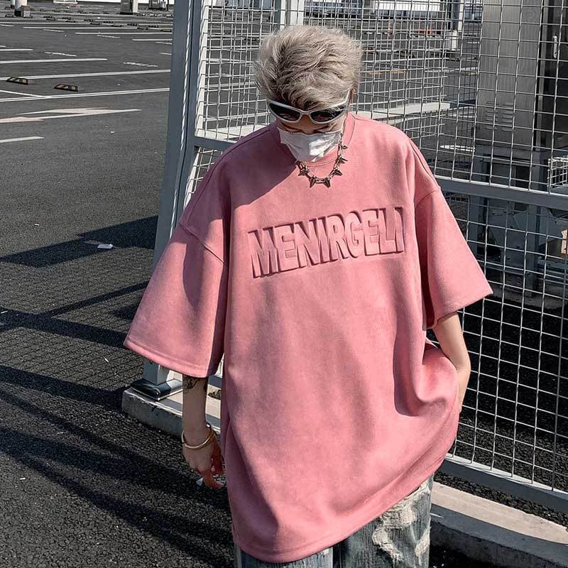 Pink suede small neckline couples short-sleeved T-shirt men's summer oversize American fashion brand 400g heavyweight half-sleeve