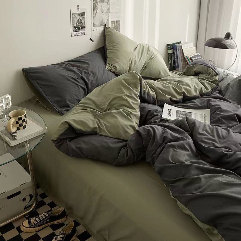 Solid Color 4-Piece Simple Style Bedding Set, Complete Duvet Cover Set, Washed Cotton, Student Dormitory Sheet 3-Piece Set