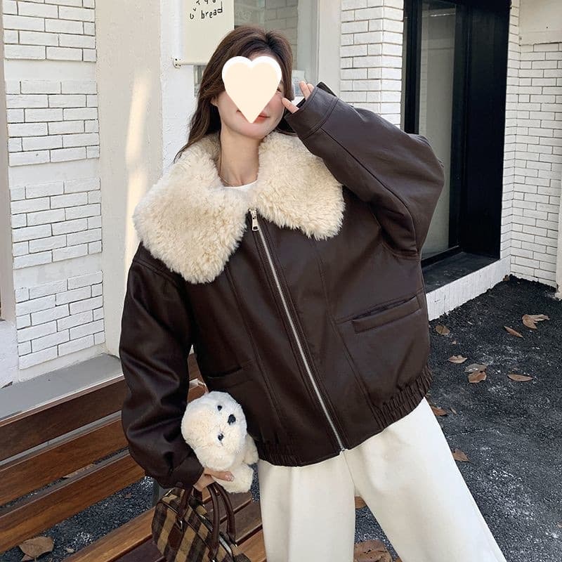 Brown Lamb Fur Peter Pan Collar Leather Jacket Fleece-Lined Thick Warm Women Winter New Petite Elegant Retro Short Outerwear