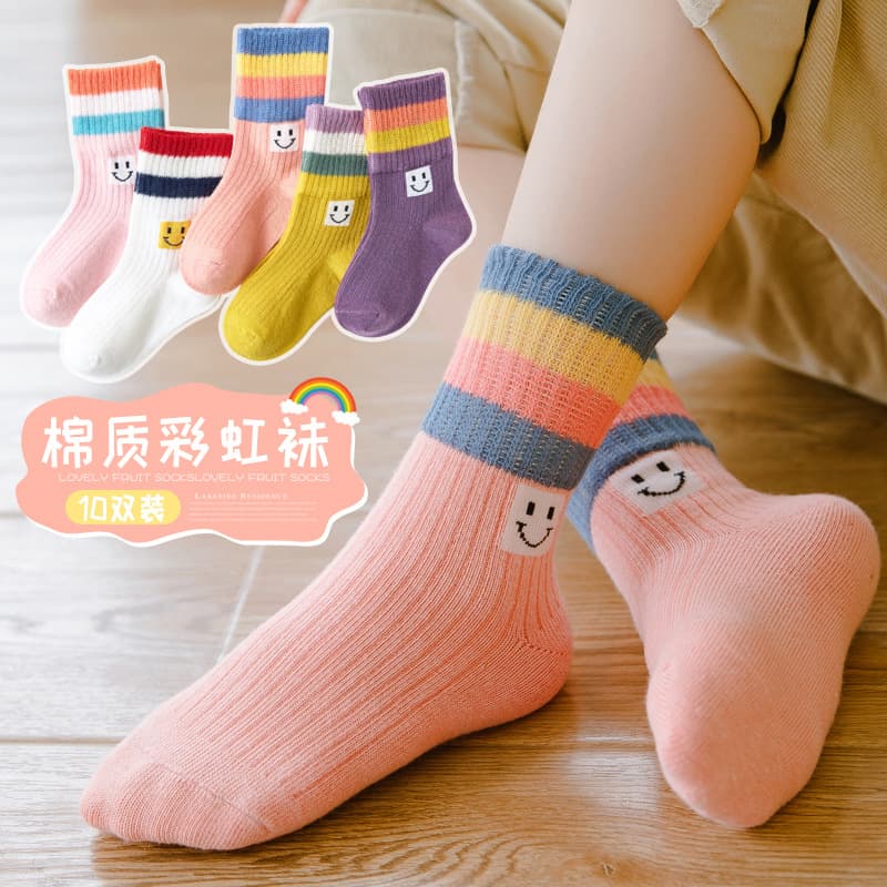[New] Cross-border Girls Socks Spring Autumn Winter Mid-Calf Breathable Sweat-Absorbing Spring Summer Girls Rainbow Socks