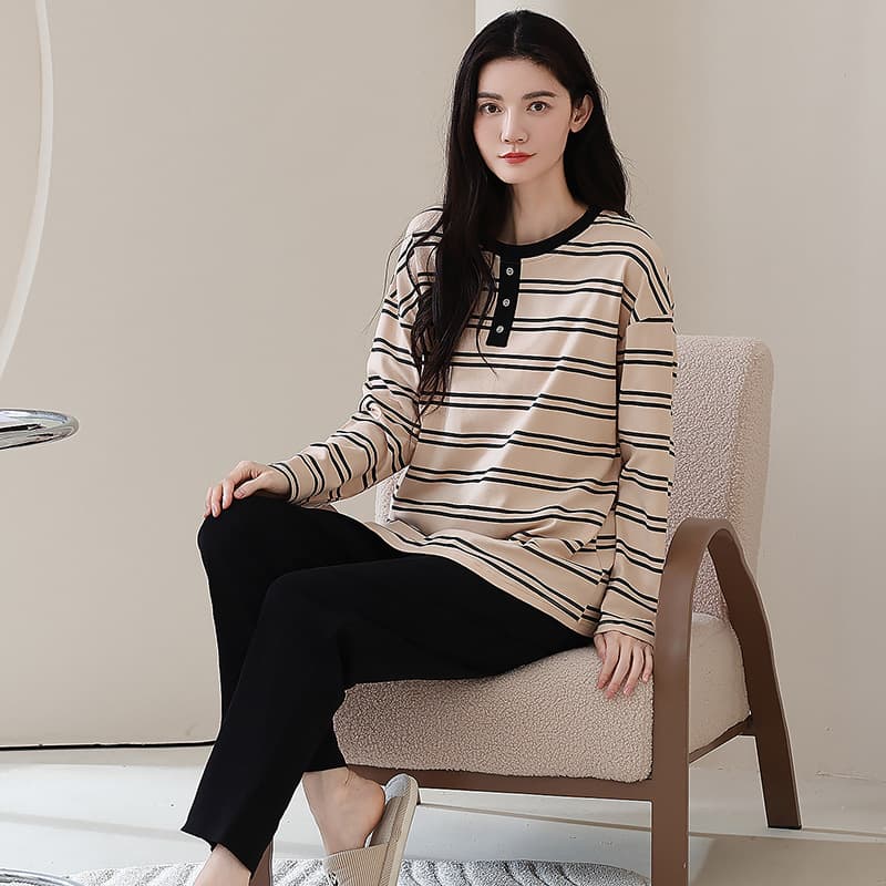 Women's Autumn Pure Cotton Pajamas, Long-Sleeved Pants, Striped Homewear, Lightweight, Simple Style, Women's Suits for Going Out