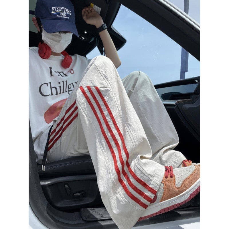 American Three-Stripe Quick-Dry Ice Silk Pants for Men, Summer Thin Sports Long Pants, Loose Straight Wide-Leg Casual Trousers