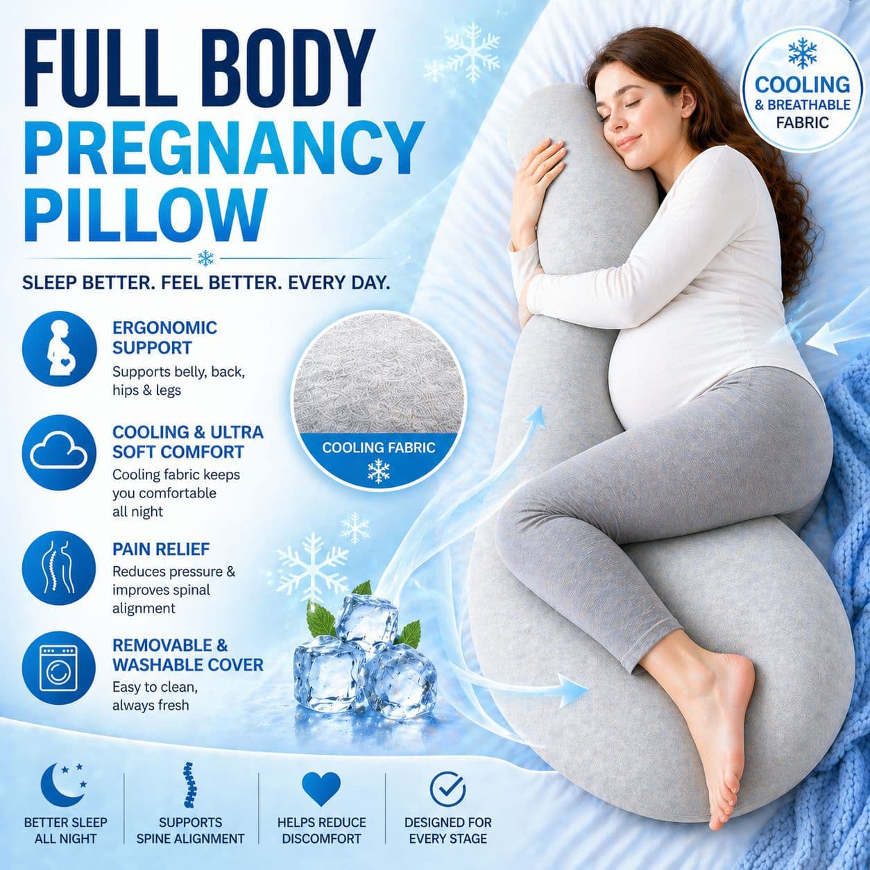 Cross-border Pregnancy Pillow for Side Sleeping, Waist Support, Belly Support, Cervical Spine Protection, Long Body Pillow for Bed, Leg Hugging Pillow