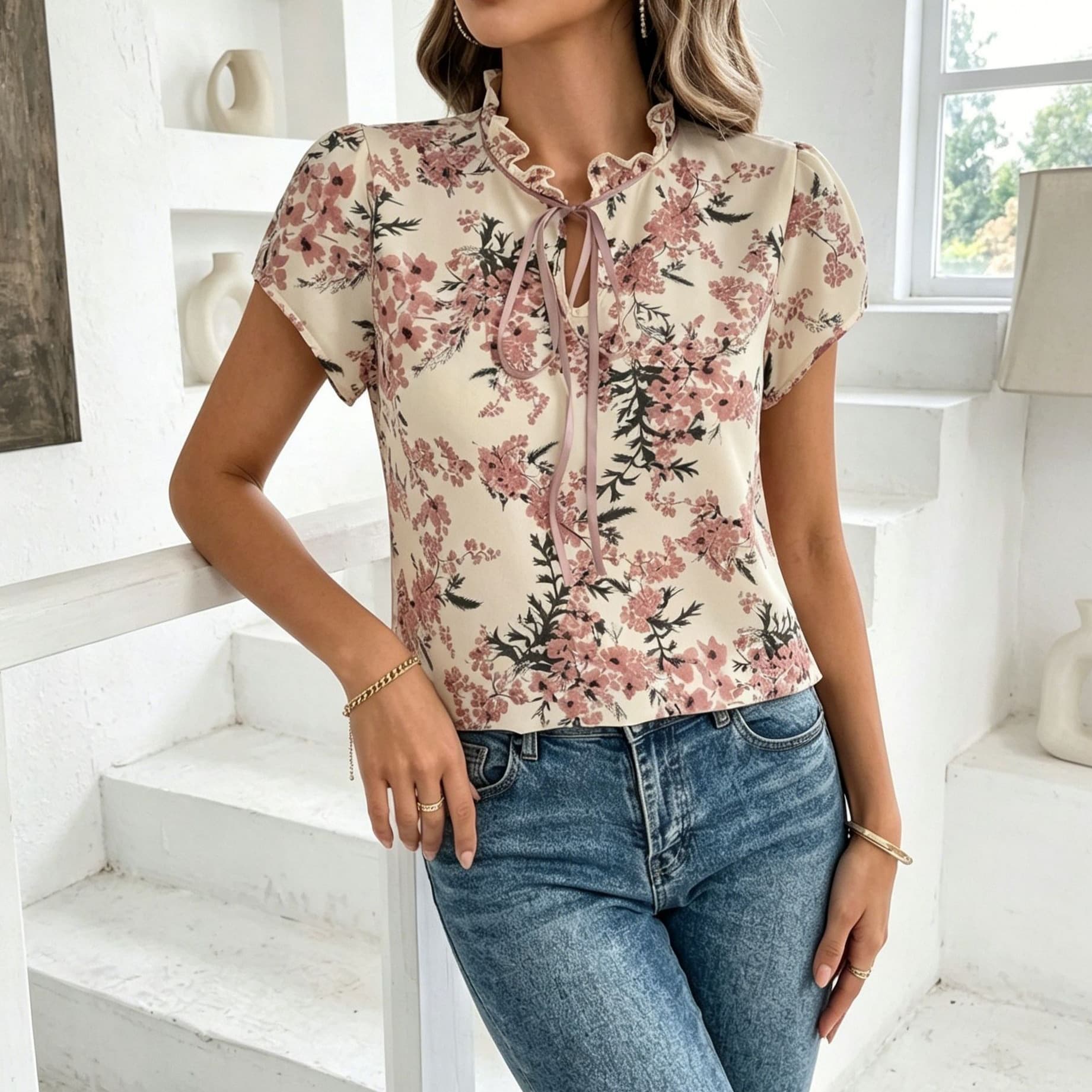 Cross-border new pink floral chiffon shirt for women, French style fungus-edged stand-up collar lace-up short-sleeved top with gentle style
