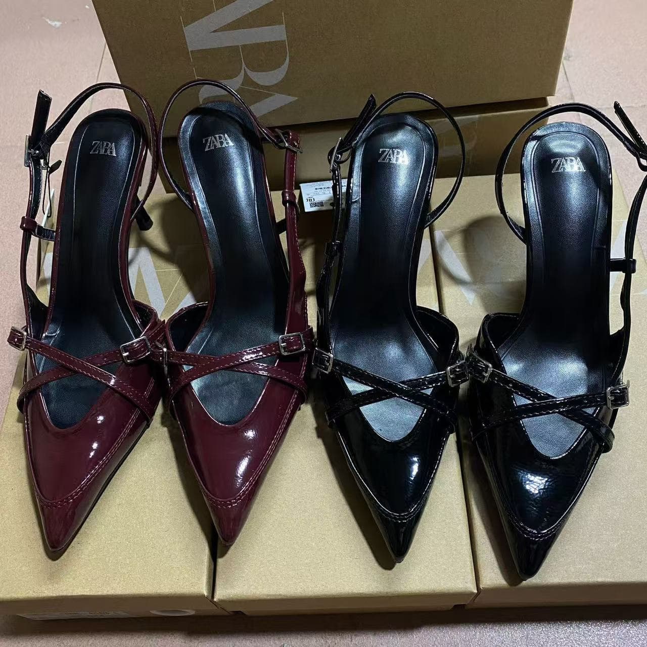 ZA New 2024 Summer Fashion Cross Buckle Strap Pointed High Heel Sandals British Style Mule Women's Shoes