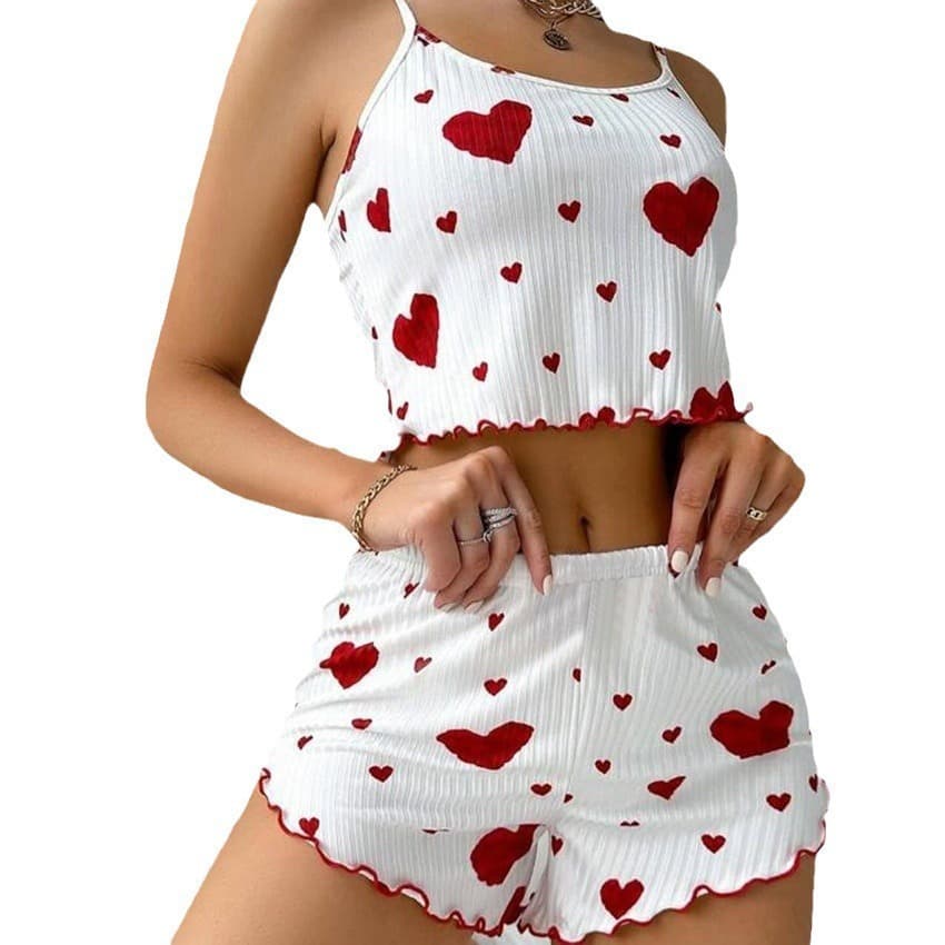 New Summer 2025 European and American Style Knitted Ribbed Heart Print Sweet Camisole and Shorts Sleepwear Set for Women