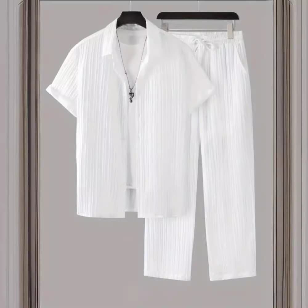 2025 Amazon Independent Site Cross-border Foreign Trade Men's Striped Short-Sleeve Shirt with Button-Down Collar and Drawstring Long Pants Set