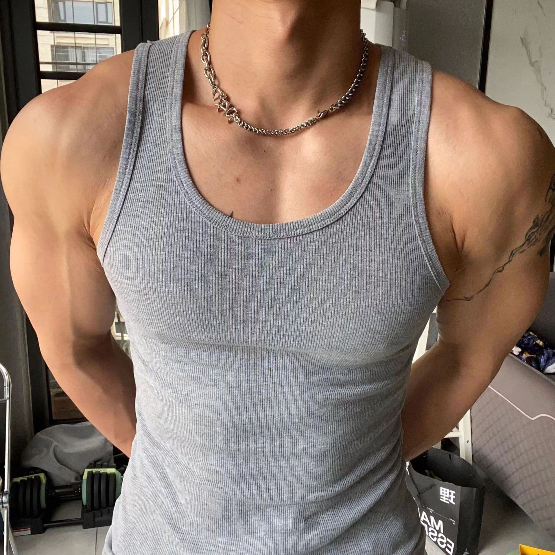 Men's Vest, Fitness Elastic Cotton Vest, Thickened Coarse Ribbed, 230g, 2x2 Style, American Sweat-Absorbing Sports Vest