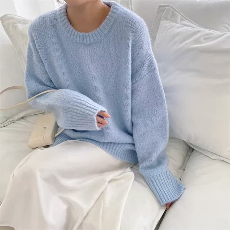 Soft Blue Solid Korean Sweet Gentle Style Loose Fit Slimming Casual Round Neck Knit Sweater Top for Women
