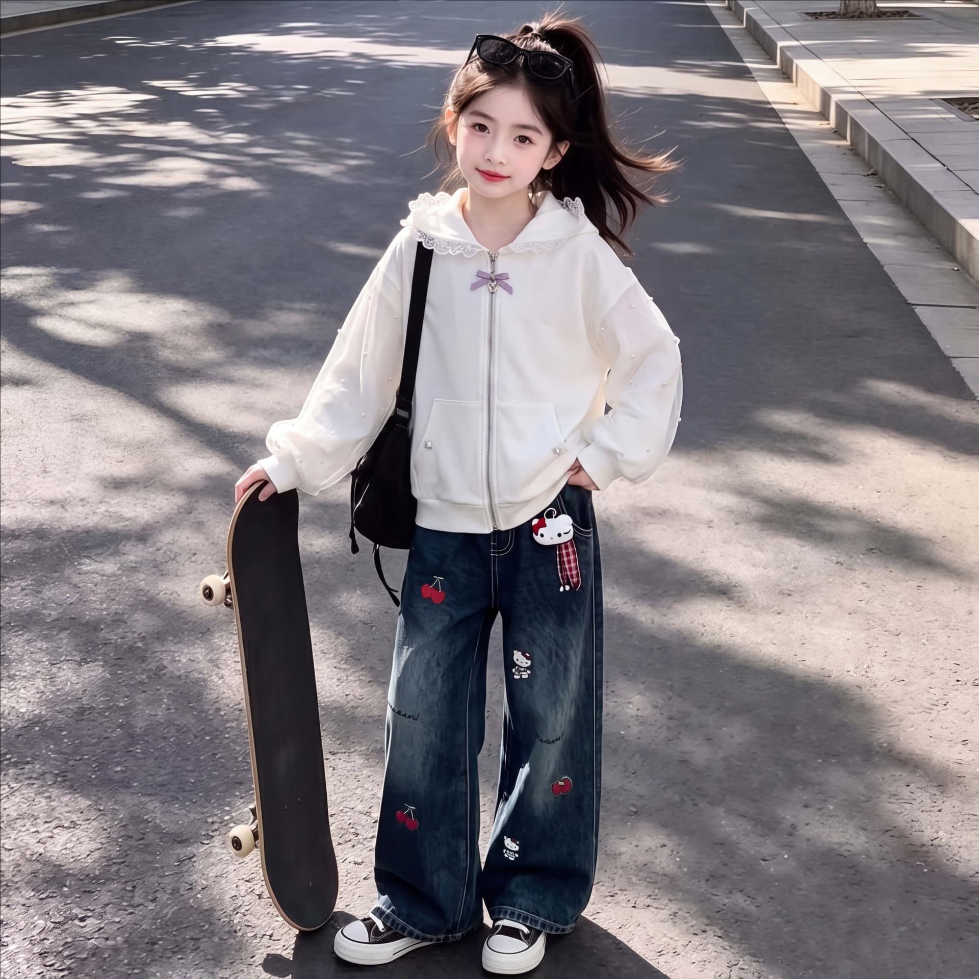 2026 Spring/Fall College-Style Cartoon Jeans with Sweet Lace Bunny-Ear Hooded Jacket Set for Older Kids