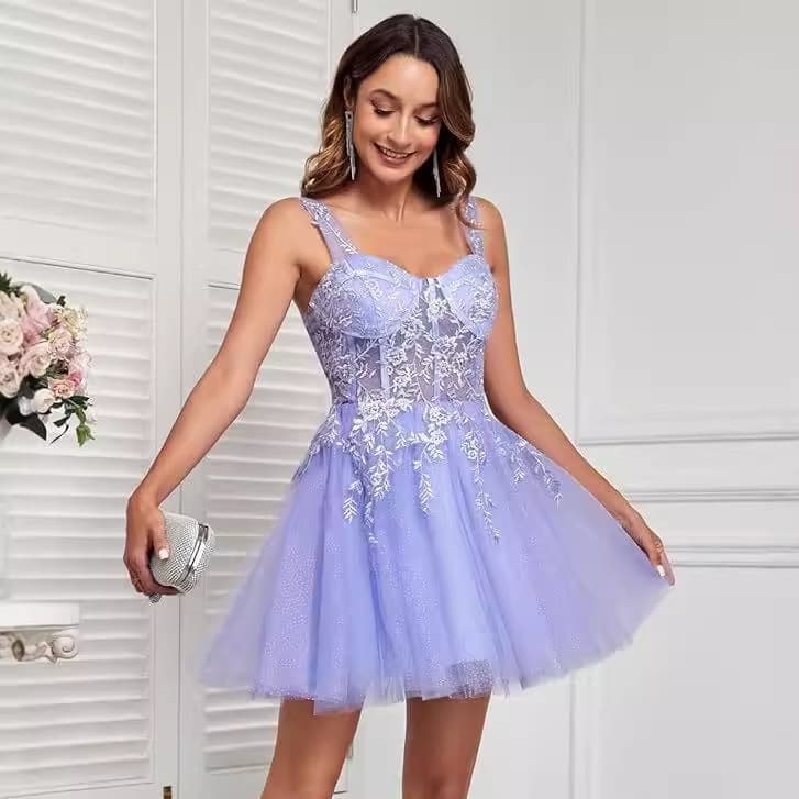 Lace Appliqué Evening Gown Homecoming Teen Tulle Off-Shoulder Short Prom A-Line Cocktail Dress