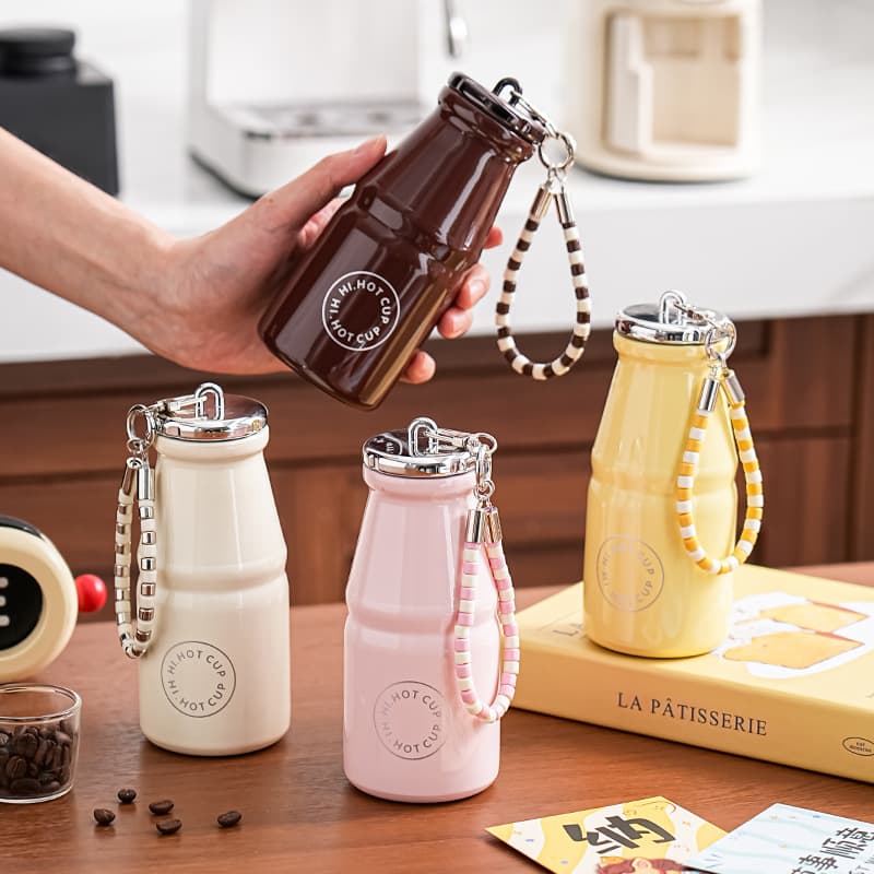 Portable Milk Cup with Handle Strap, 316 Stainless Steel Insulated Tumbler, Handheld Portable Coffee Cup, Cute Student Cup, Valentine's Day Gift