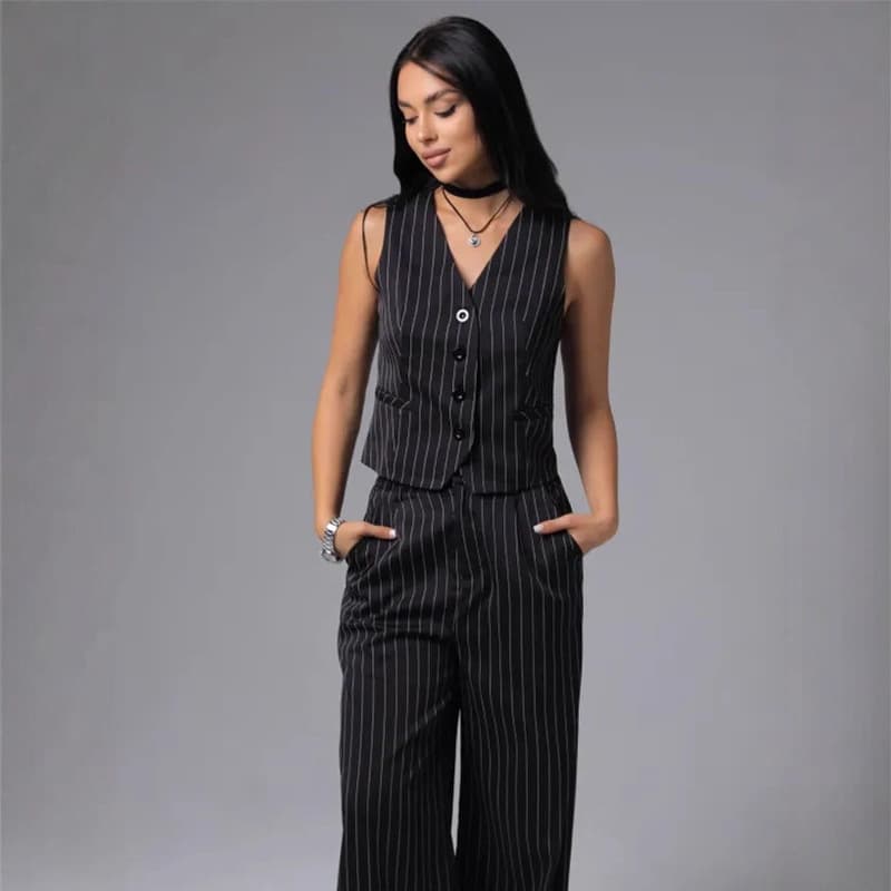Cross-Border European and American Trendy Women's Suit Set V-Neck Fashion Striped Button Vest, Versatile and Professional Suit Pants