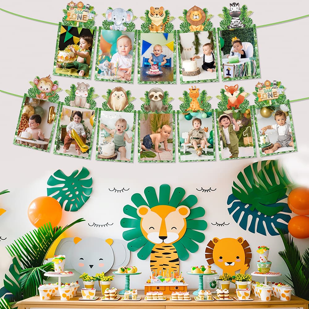 Jungle Animal Theme Birthday Party Photo Banner Bunting, Baby First Birthday Record Decoration Props, Five-Pointed Star
