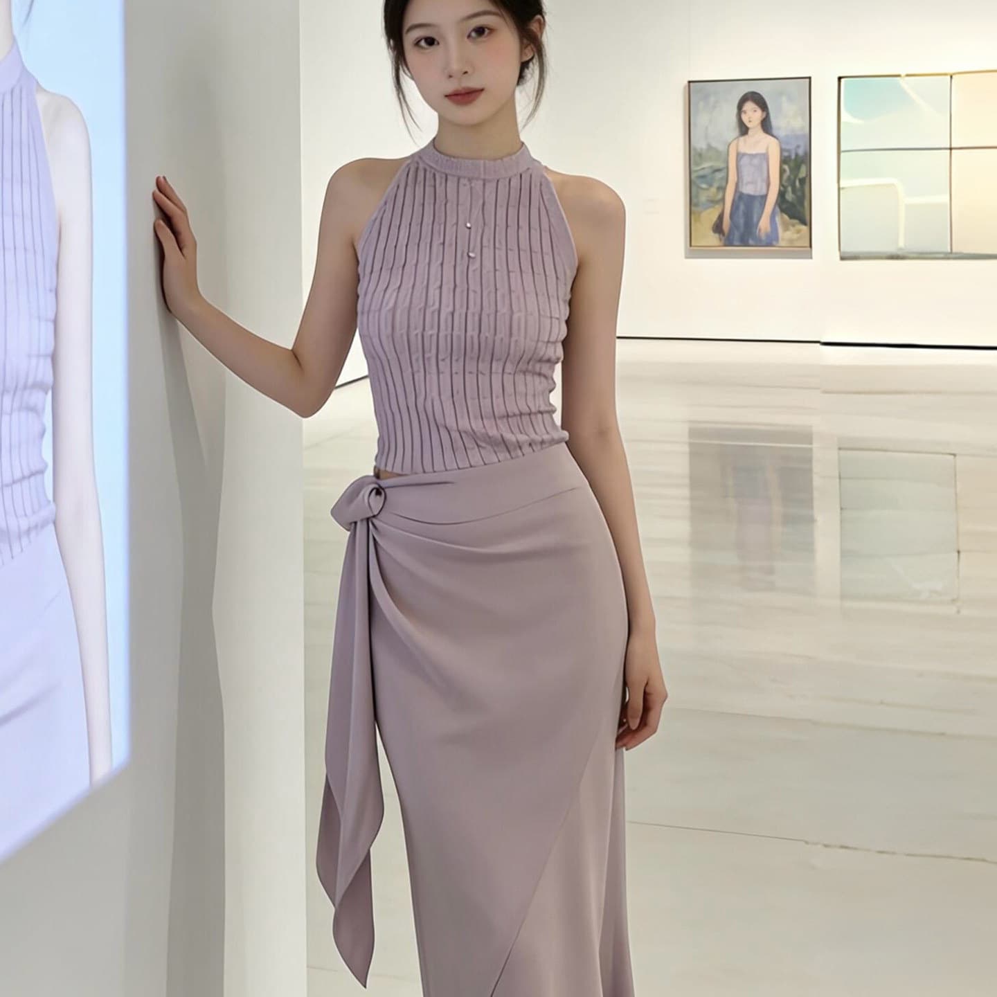 Stunning summer outfit: purple knit halter top for women paired with purple skirt, two-piece set