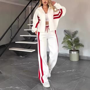2026 European and American Cross-Border Amazon Autumn Foreign Trade Y2K Striped Zip-Up Top Jacket Casual Sportswear Set for Women