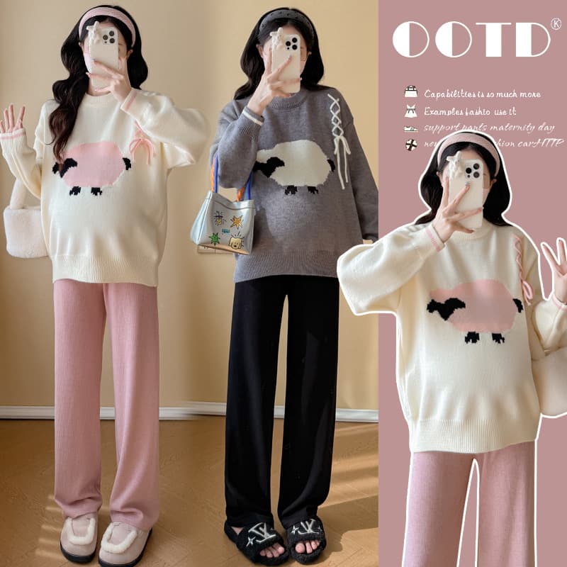 Maternity Wear Round Neck Sweater Autumn Winter New Fashion Cartoon Lamb Casual Loose Slimming Versatile Pullover Top