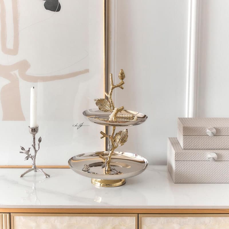 Indian Dream Golden Branch Double-Layer Cake Stand, Metal Stainless Steel Branch Bird Silver Jewelry Tray Decorative Ornament