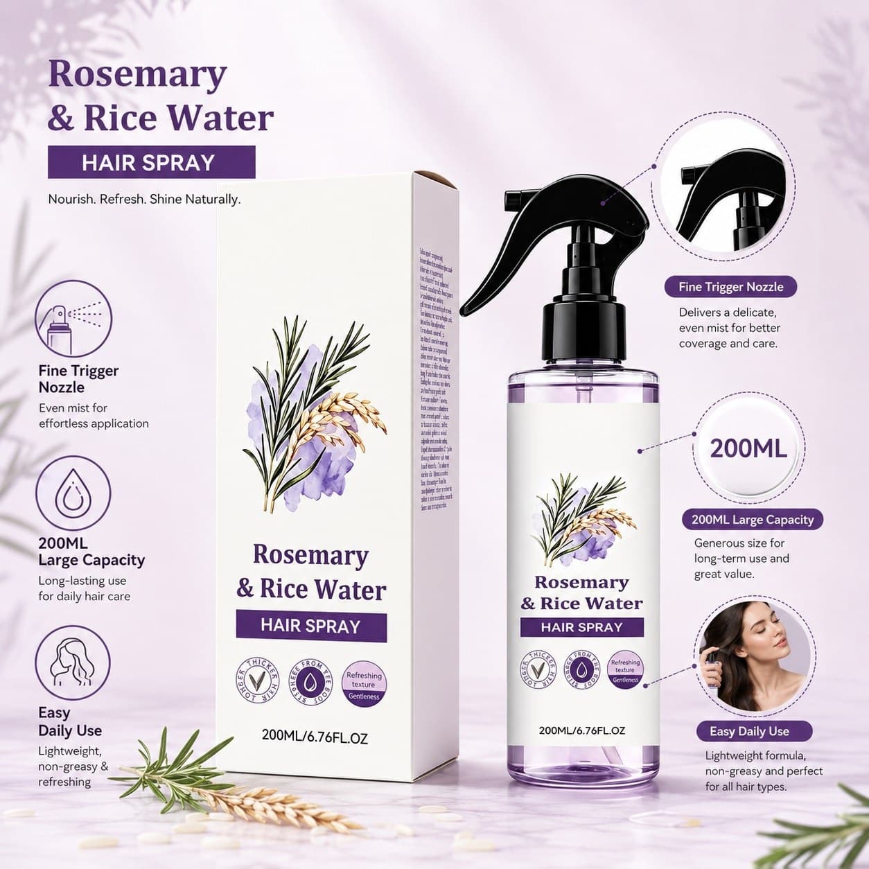Cross-border popular rosemary rice water hair care spray 200ml transparent purple bottle fine mist nourishing hair care spray