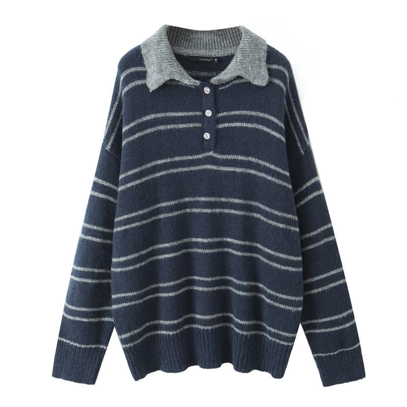 Cross-border Europe/US AliExpress Best Seller Fashion Casual Polo Collar Color Block Striped Pullover Long Sleeve Loose Knit Top