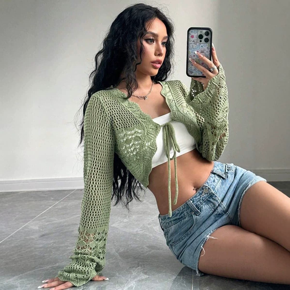 Cross-Border European and American New Style V-Neck Tie-Up Cropped Sweater for Women, Hollow-Out Long-Sleeve Sun-Protective Cardigan Jacket Amazon
