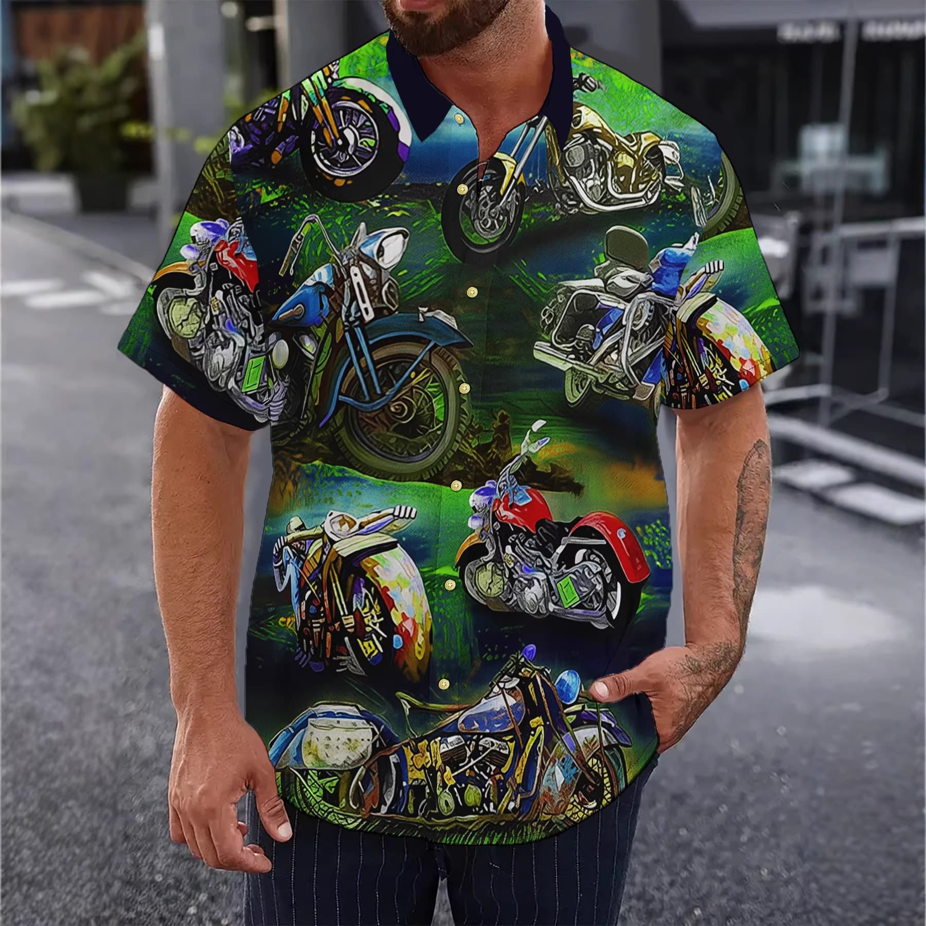 Retro Motorcycle Shirt, Trendy Men's Lightweight, Comfortable, Breathable, Versatile Street Style Short-Sleeved Casual Top