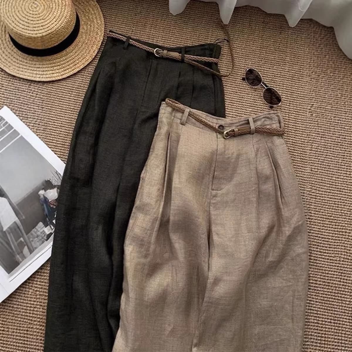 Old Money Style Khaki Linen Wide-Leg Pants for Women 2025 Summer High-Waist Thin Loose-Fit Straight Casual Trousers