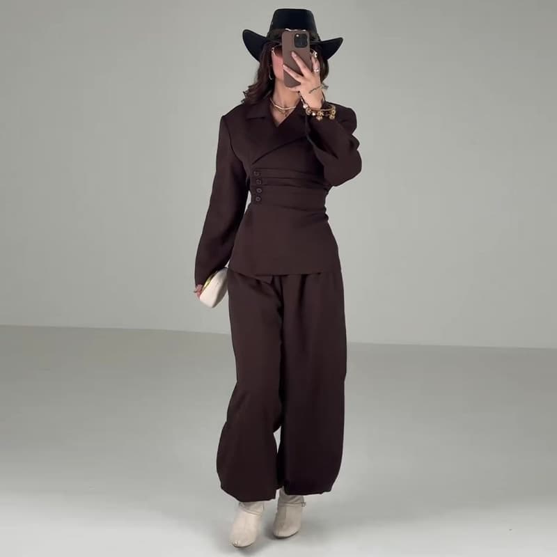 2026 New European and American Amazon Cross-border Women's Slim Solid Color Commuter Pants Fashionable Two-Piece Set