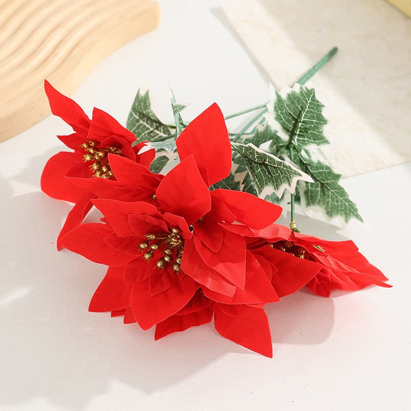 Artificial Christmas Poinsettia Five-Branch Fake Flower Silk Flower Christmas Decoration Amazon Cross-Border Poinsettia Potted Plant