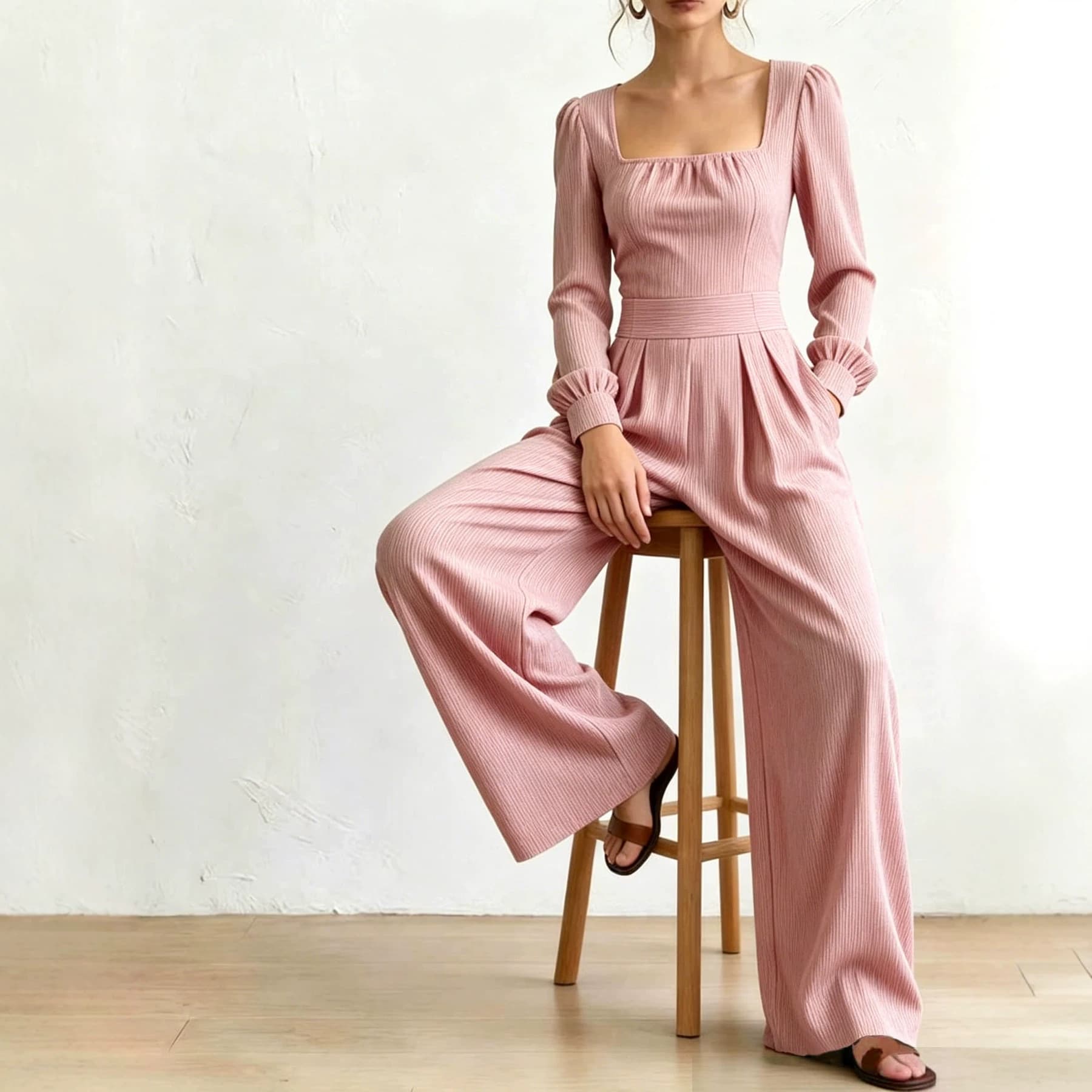 European and American cross-border Amazon early autumn square collar elegant jumpsuit long-sleeved wide-leg pants solid color woven striped temperament style