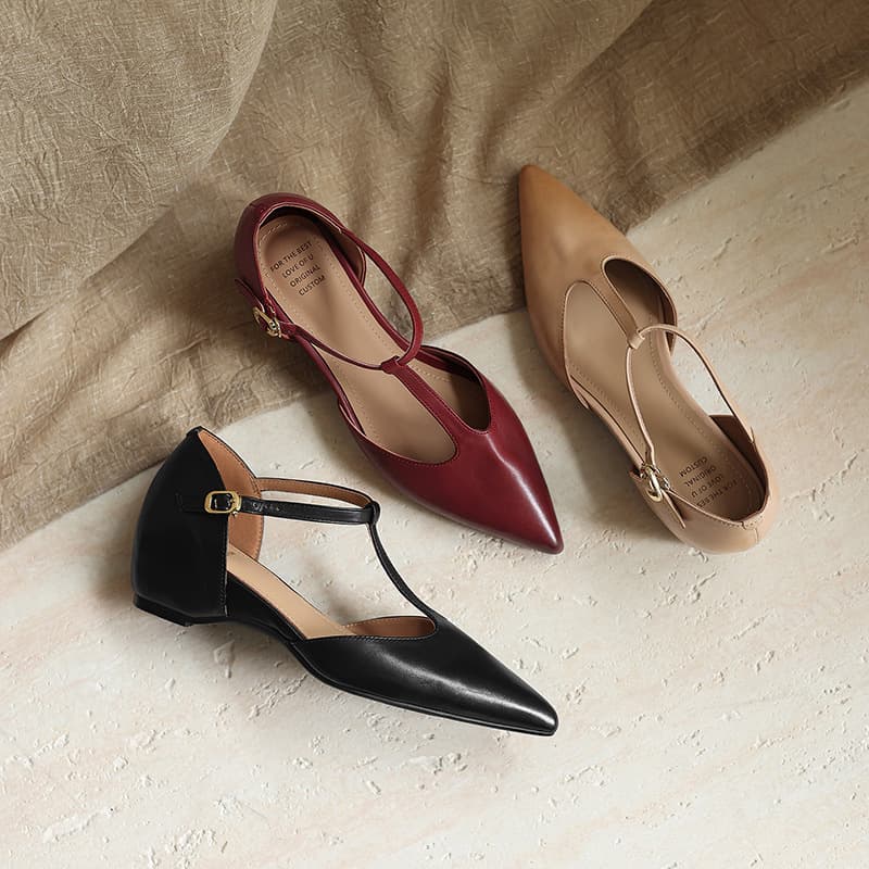First layer cowhide size 34-40 2026 spring and summer pointed toe low heel hollow single shoes women's toe bag heel sandals T-shaped shoes