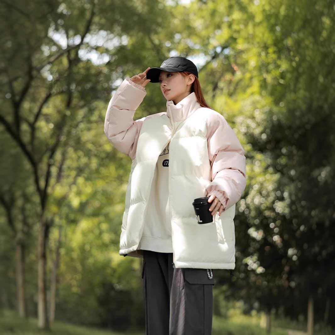 Winter Couples Puffer Jacket Thickened Warm Cotton Coat Casual Loose Fit Colorblock Stand Collar