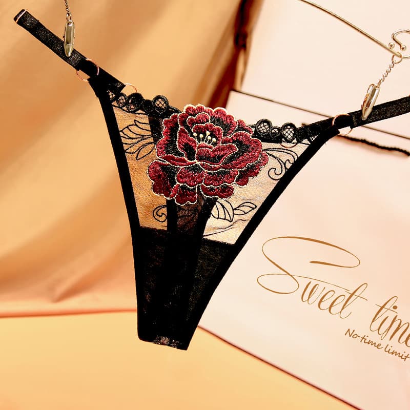Japanese-style embroidered floral sexy thong panties, breathable mesh, sexy and hot low-rise adjustable strap, plus size women's underwear.