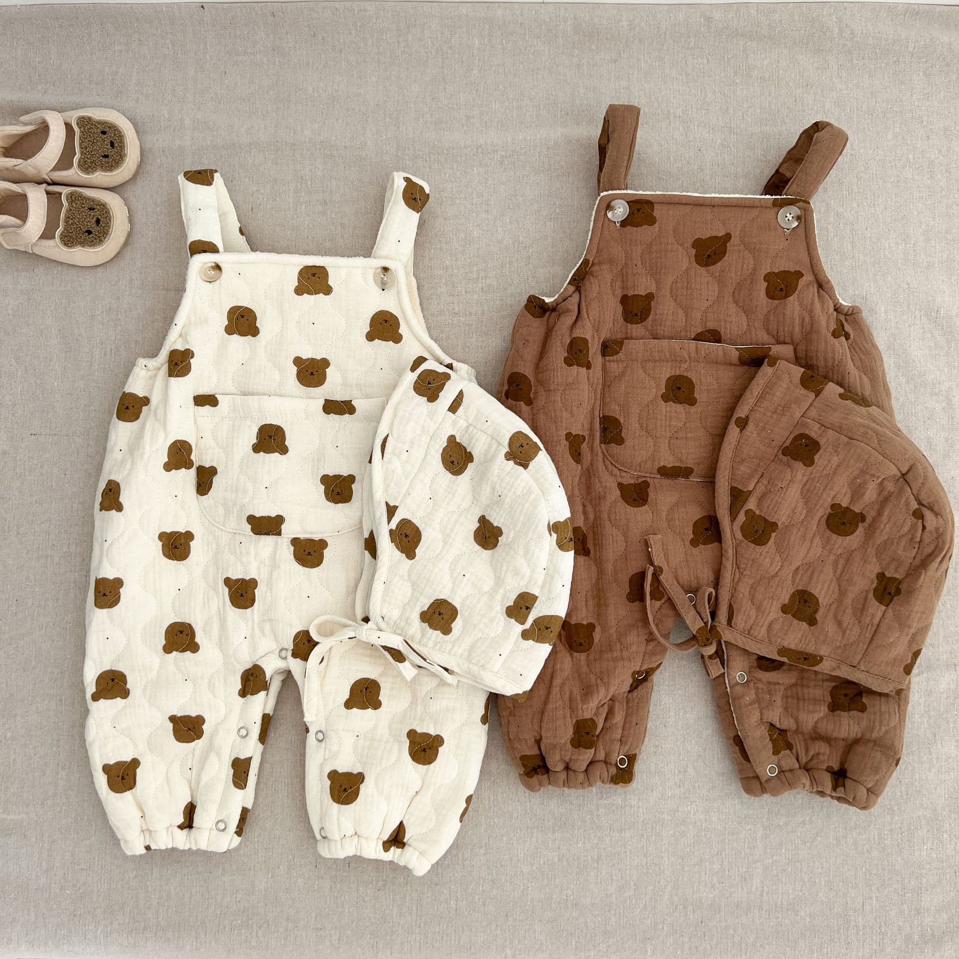 Baby Winter Clothes Boys Girls Fleece Lined Quilted Korean Style Printed Bear Overalls Long Romper