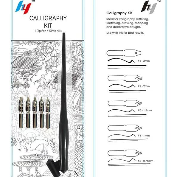 Curved-tip, angled-handle dip pen set, English writing pen, Gothic art flat-tip pen, dip pen with irregularly shaped handle.