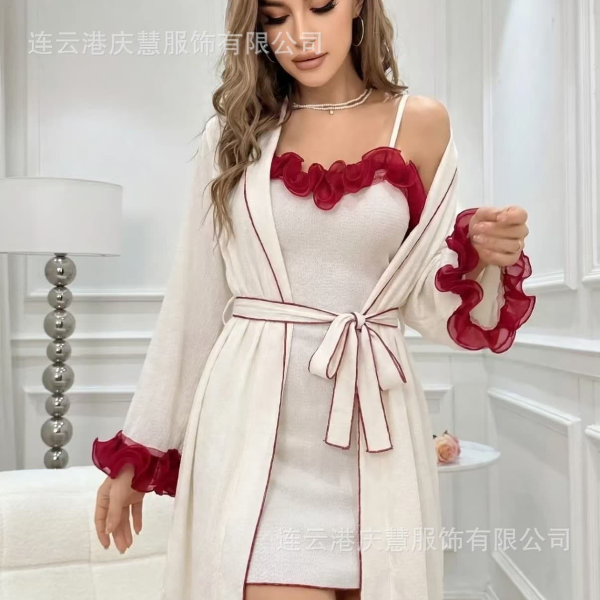 European and American Style Color-Blocked Women's Pajama Set, New Spring and Autumn Design, Premium Feel, Loose Fit, Tie-Up Long Sleeves, Long Pants, Trendy Loungewear