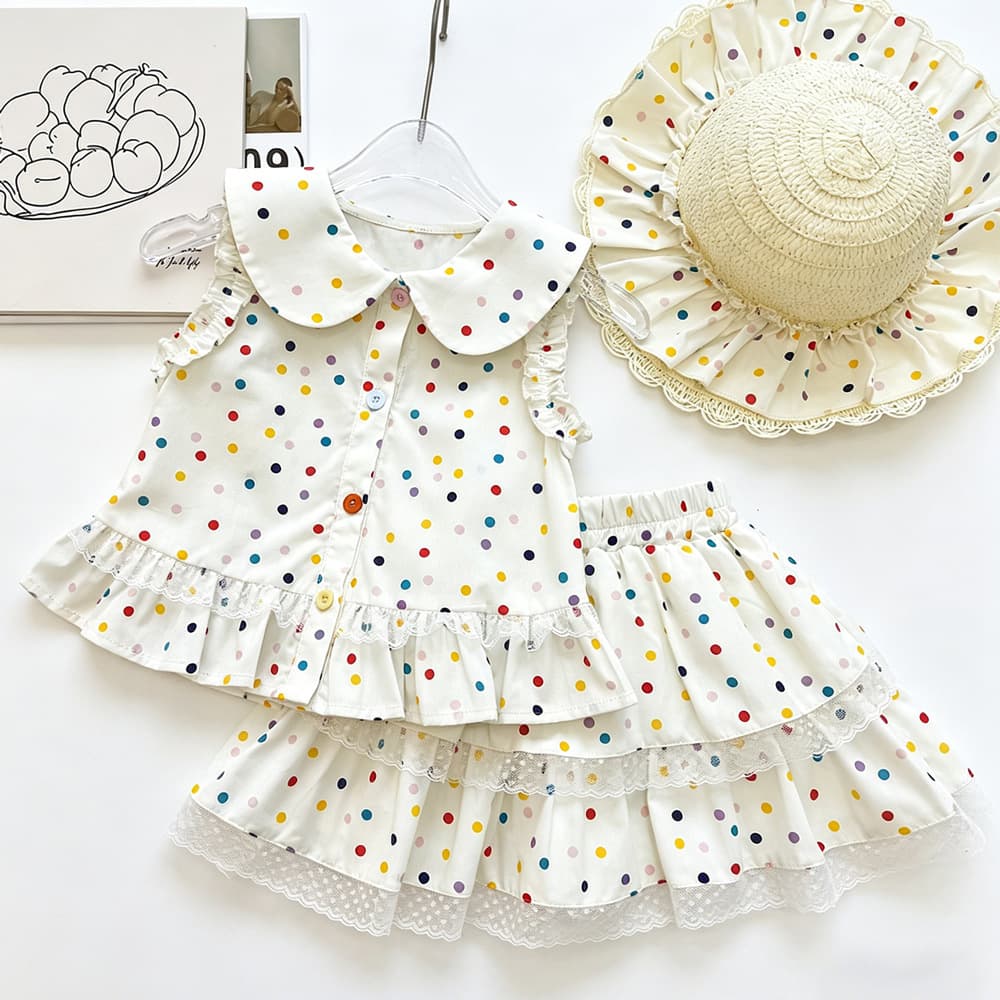 Girls Colorful Polka Dot Doll Collar Sleeveless Suit Summer 2026 New Baby Girl Lace Trim Cake Skirt Two-piece Set