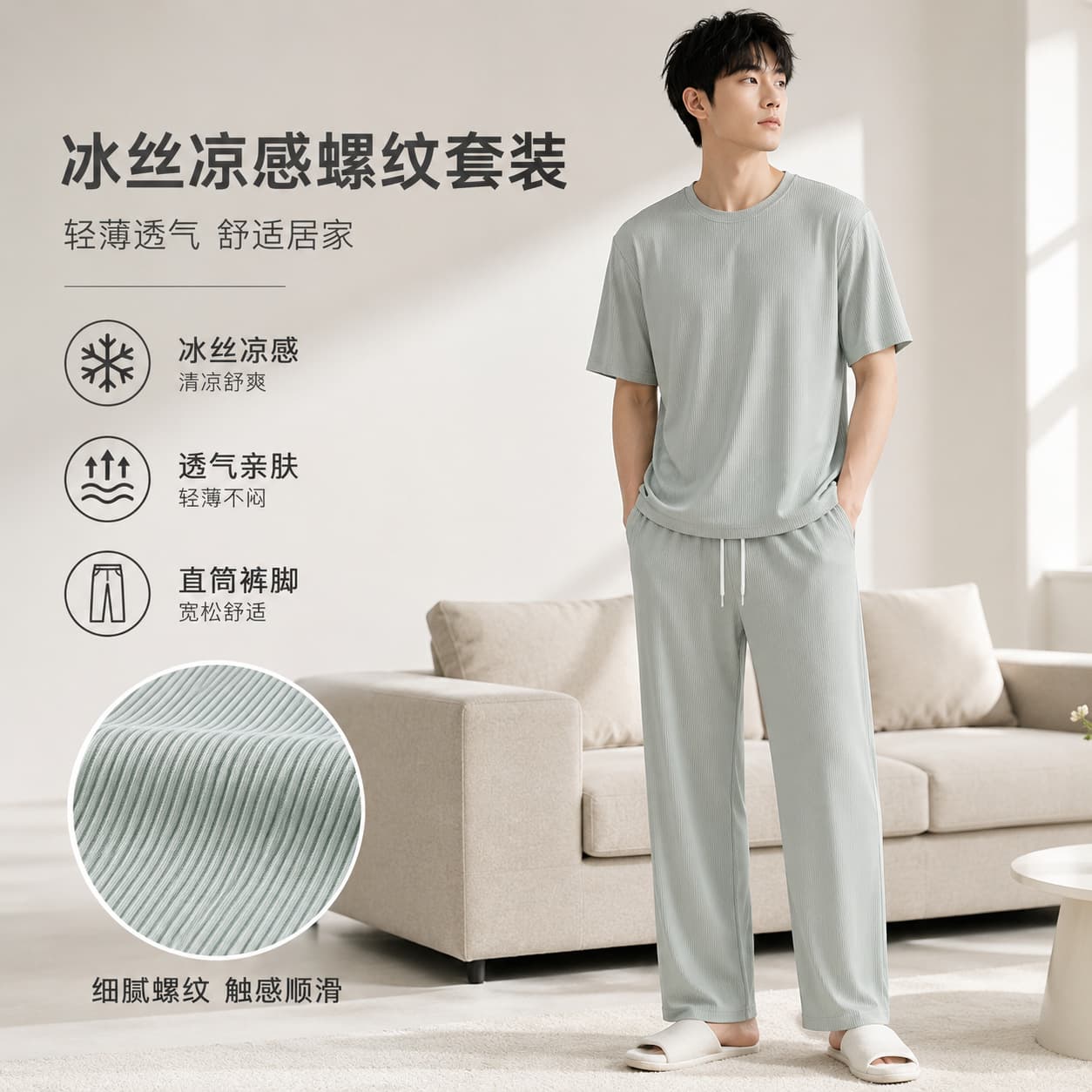 Ice Silk Pajamas Men's Summer Thin Short Sleeve Long Pants Casual Sports Men's Summer Cooling Home Wear Set