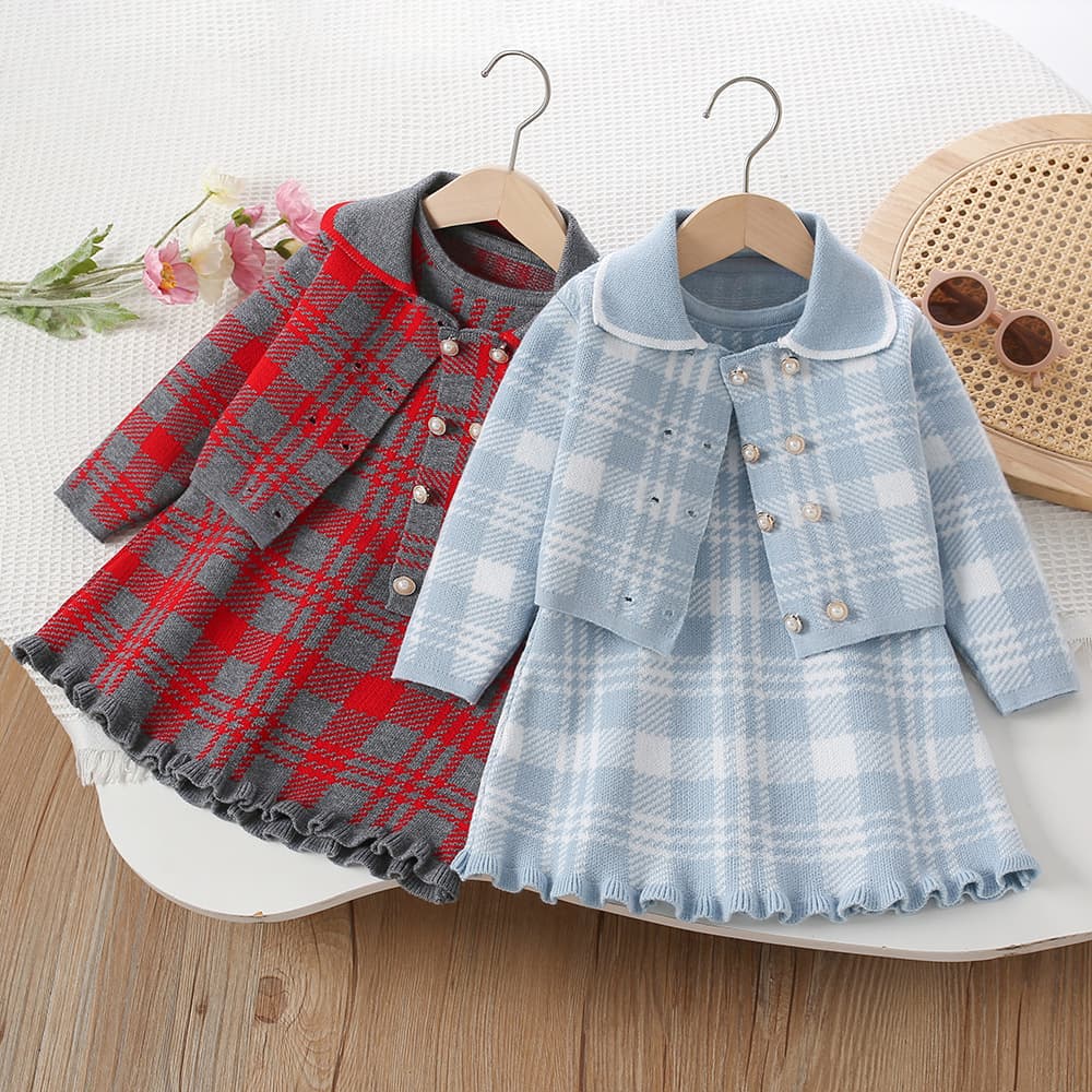 Girls' Sweater Set Autumn Winter New Korean Style Girls Plaid Vest Dress Knit Cardigan Coat Children's Two-Piece Set