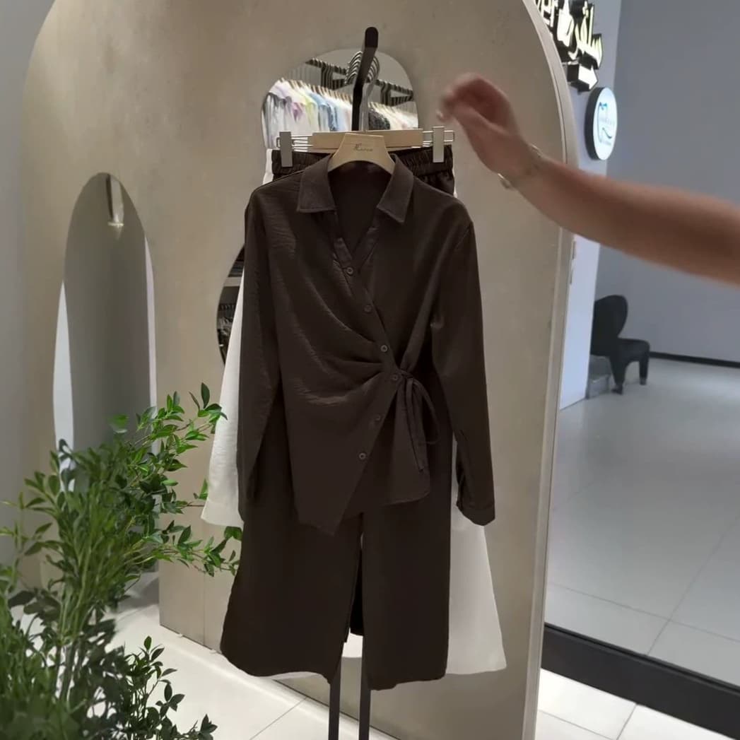 Cross-border Trade 2026 Spring/Autumn New Style Notch Lapel Loose Long-sleeve Cardigan with Belt Top and Wide-leg Pants Two-piece Set