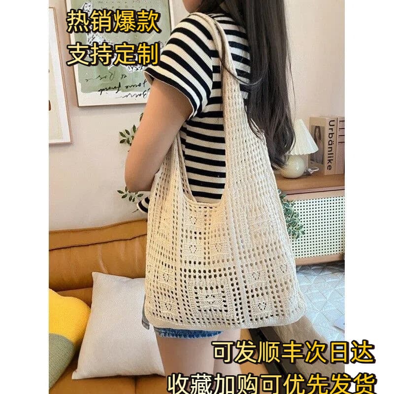 Knit bags, vintage mesh hollow-out minimalist woven bags, women's bags, shoulder bags, yarn handbags, shopping bags