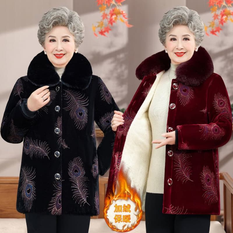 Plus Size Heavy Winter Cotton Coat for Elderly Women, Detachable Fur Collar, for 200 lbs, Ages 60-70