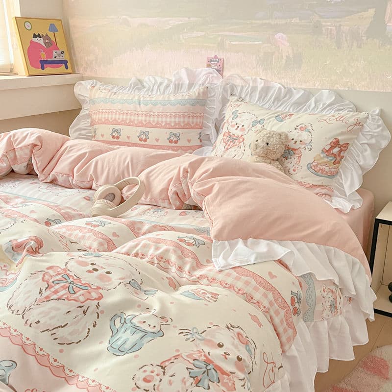 Lace-trimmed washed cotton four-piece bedding set, Lolita princess style bed sheet and duvet cover, single three-piece set for girls' dormitory.