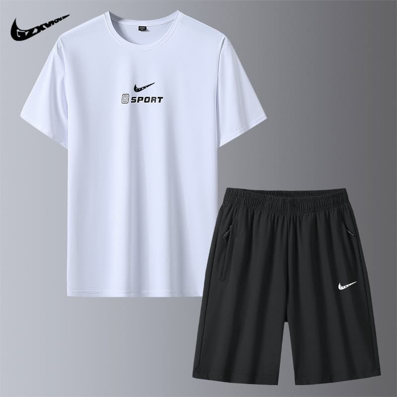 Suit for Men Summer High Quality Round Neck Short Sleeve Ice Silk T-Shirt with Sport Shorts, Quick-Dry Running Two-Piece Set