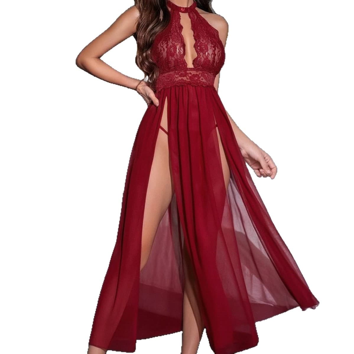 Cross-border Source Europe and America Foreign Trade Lingerie See-through Long Dress Sleepwear Set Sexy Transparent Lace Backless Nightgown