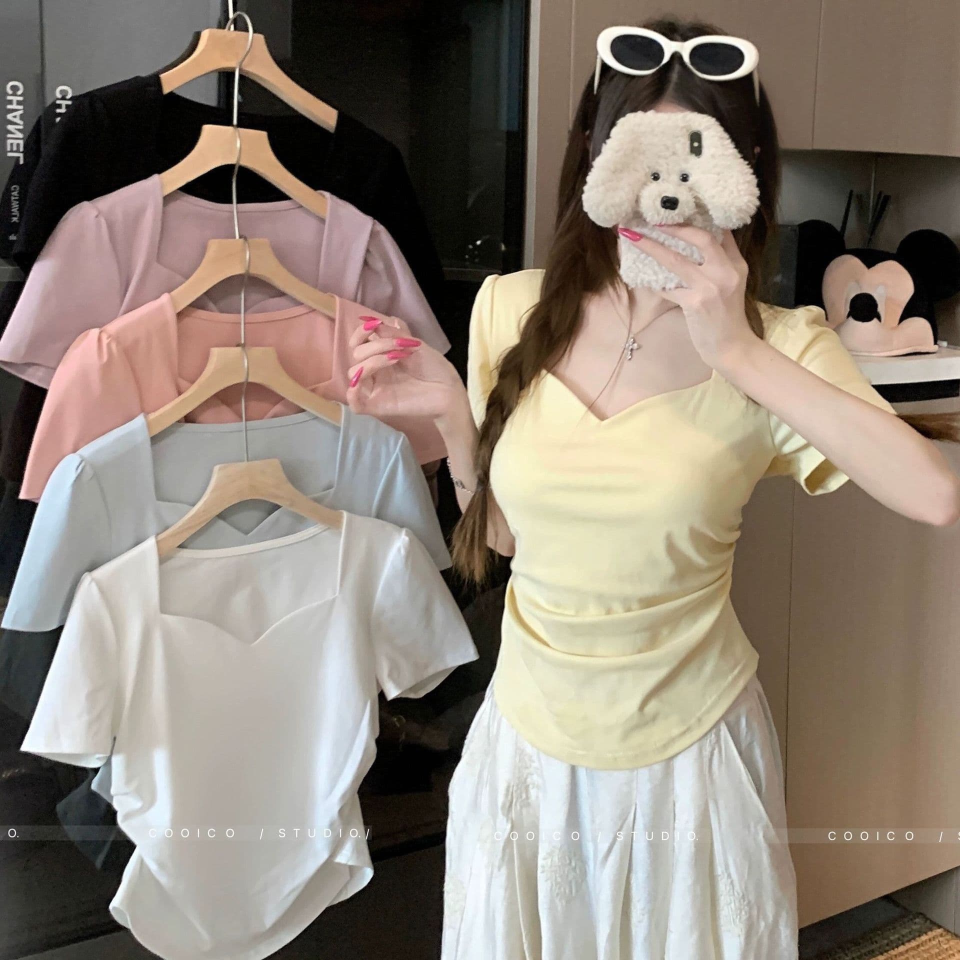 Loose Bubble Sleeve Square Collar Short Sleeve T-Shirt Women Summer New Plus Size Slimming Covering Outerwear Top