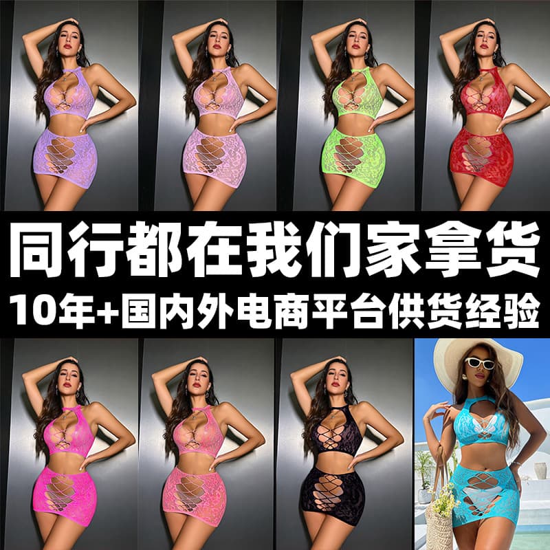 European and American Sexy Hollow-out Halter Bra Set See-through Mesh Bodysuit with Pencil Skirt Plus Size Lingerie Factory Wholesale